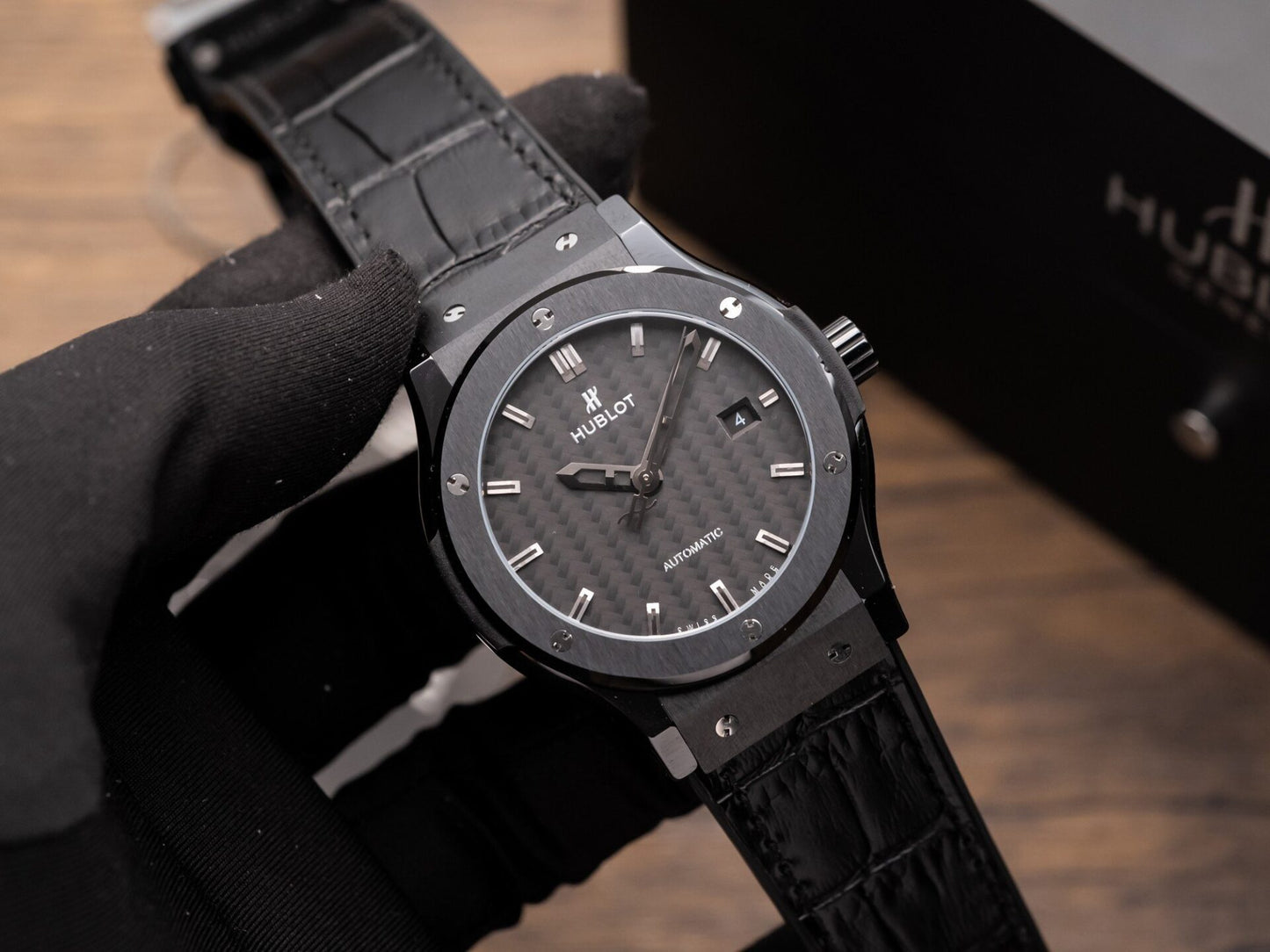 Hublot Classic Fusion Ceramic Carbon Dial Replica Watch Leather Strap GSF 42mm