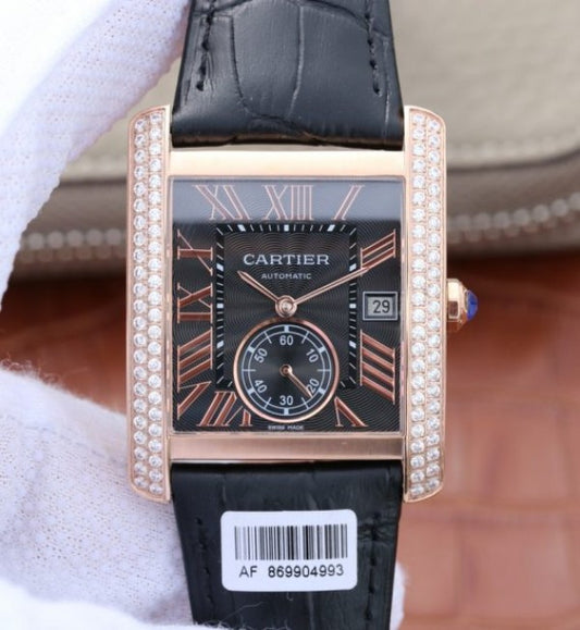 Replica Cartier Tank MC RG Black Textured Dial Diamonds Bezel Leather Strap