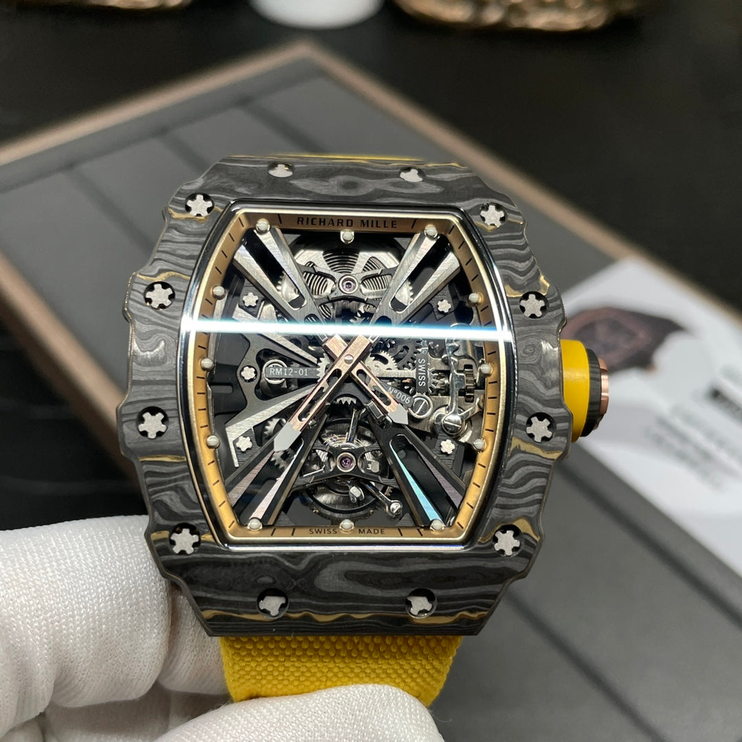 Swiss Replica Richard Mille RM 12-01 Tourbillon Watch ¨C Bold Yellow Fabric Strap, Carbon Fiber Barrel Case, Skeleton Dial