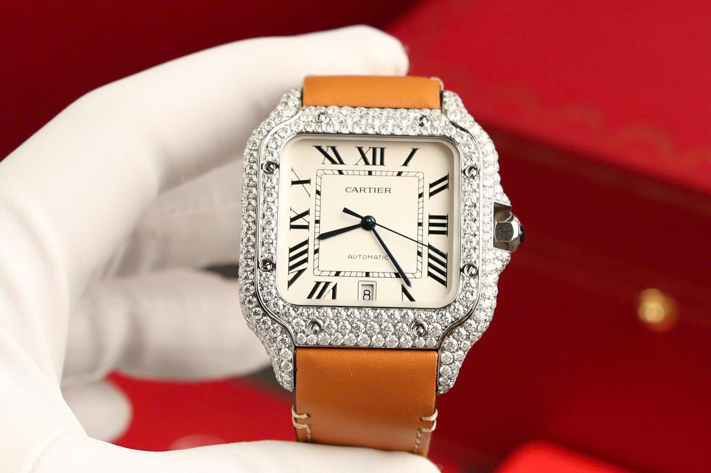 Cartier Santos White Dial Copies Watches Custom Diamonds Moissanite BVF 39.8mm