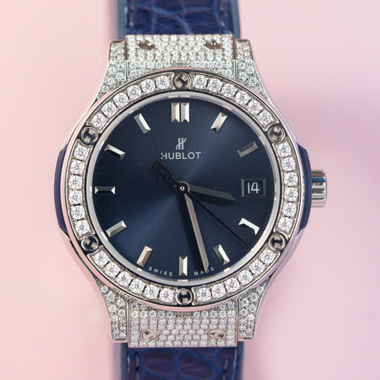 Hublot Replica 11 Watch Classic Fusion Women s Full Diamond Moissanite Blue 33mm