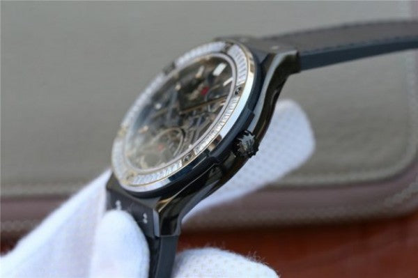 Replica Hublot Classic Fusion Tourbillon 42mm TF SS PVD Diamonds Bezel Skeleton Dial Gummy Strap A23J