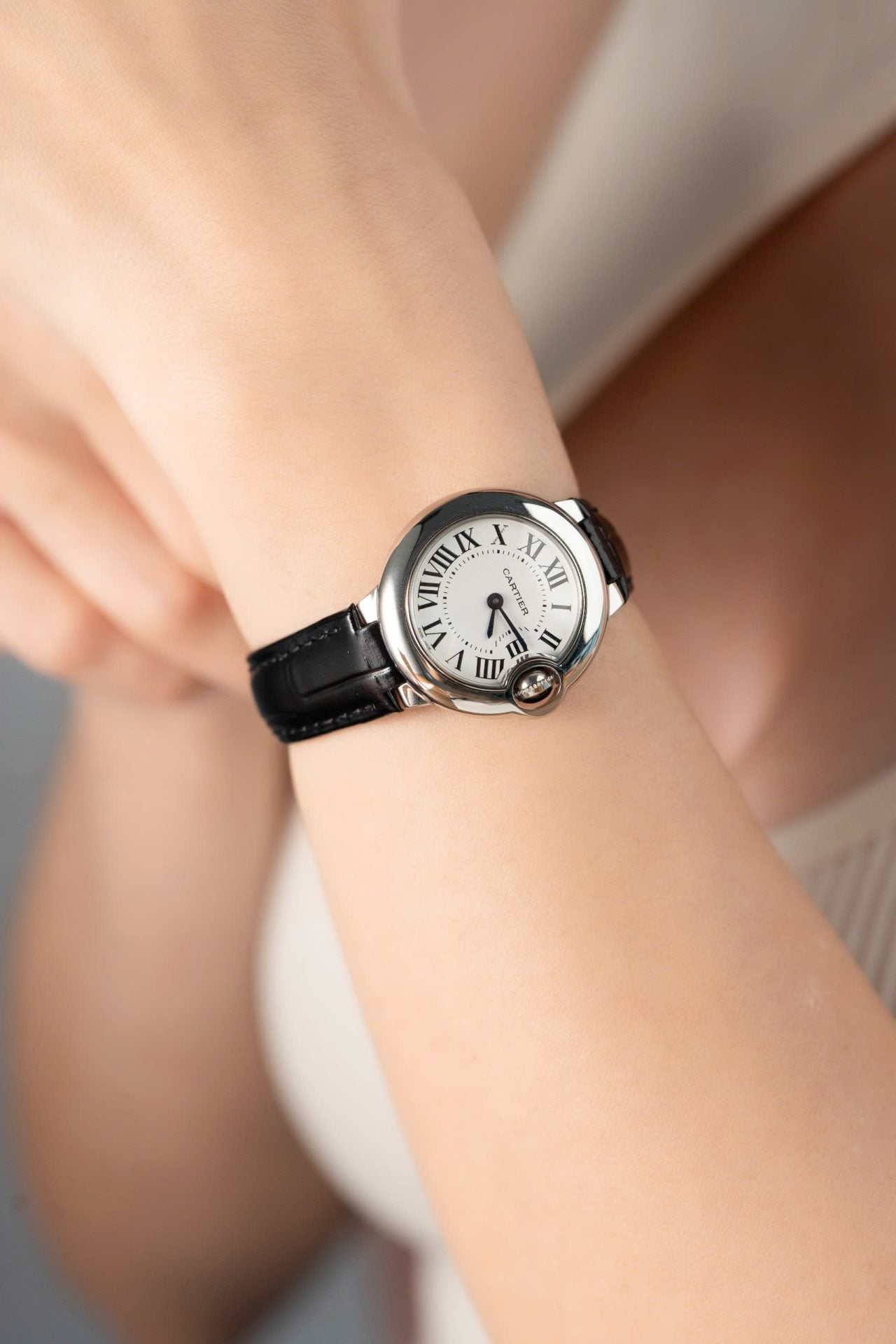 Cartier Ballon Bleu Women s Replica 11 Watch White Dial Black Leather Strap 28mm