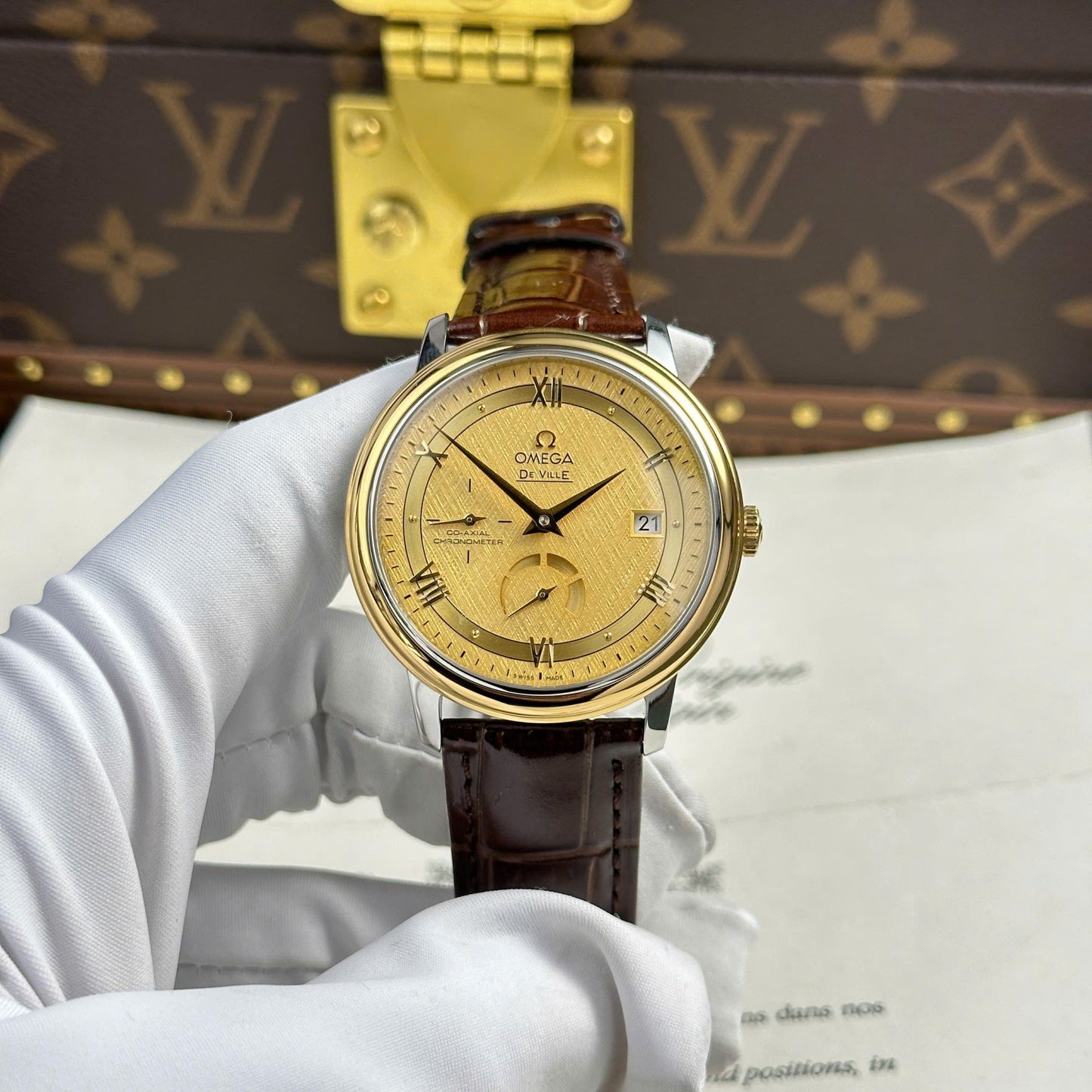 Omega De Ville Prestige Power Reserve Replica 11 Watch Yellow Dial Leather Strap 39.5mm