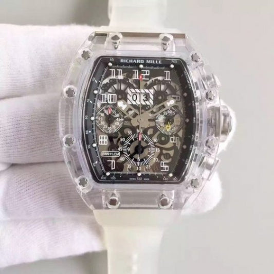 Replica Richard Mille RM011 Transparent Case White Bezel Skeleton Dial White Rubber Strap A7750