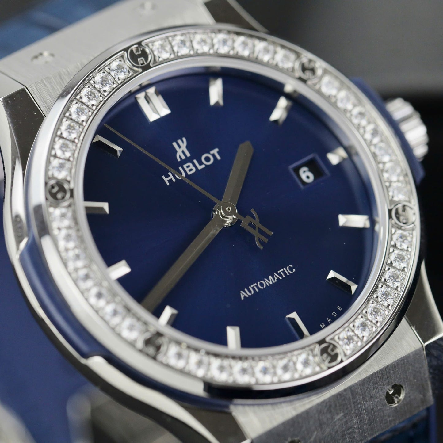 Hublot Classic Fusion Titanium Replica Watches Blue Dial Custom Moissanite Diamonds 42mm