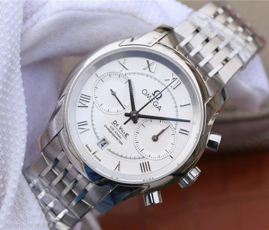 Replica Omega OMF De Ville Chronograph 42mm White Dial SS Bracelet A9300