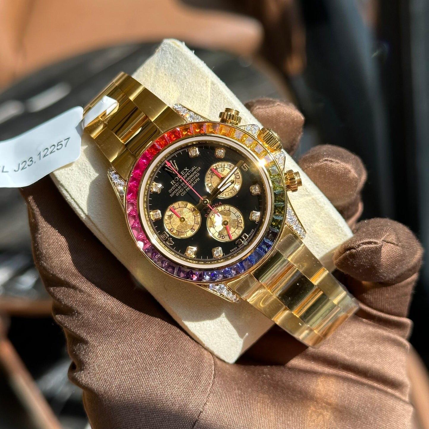 Rolex Replica Watch Daytona Rainbow Yellow Gold Wrapped Moissanite Diamonds TWF 40mm