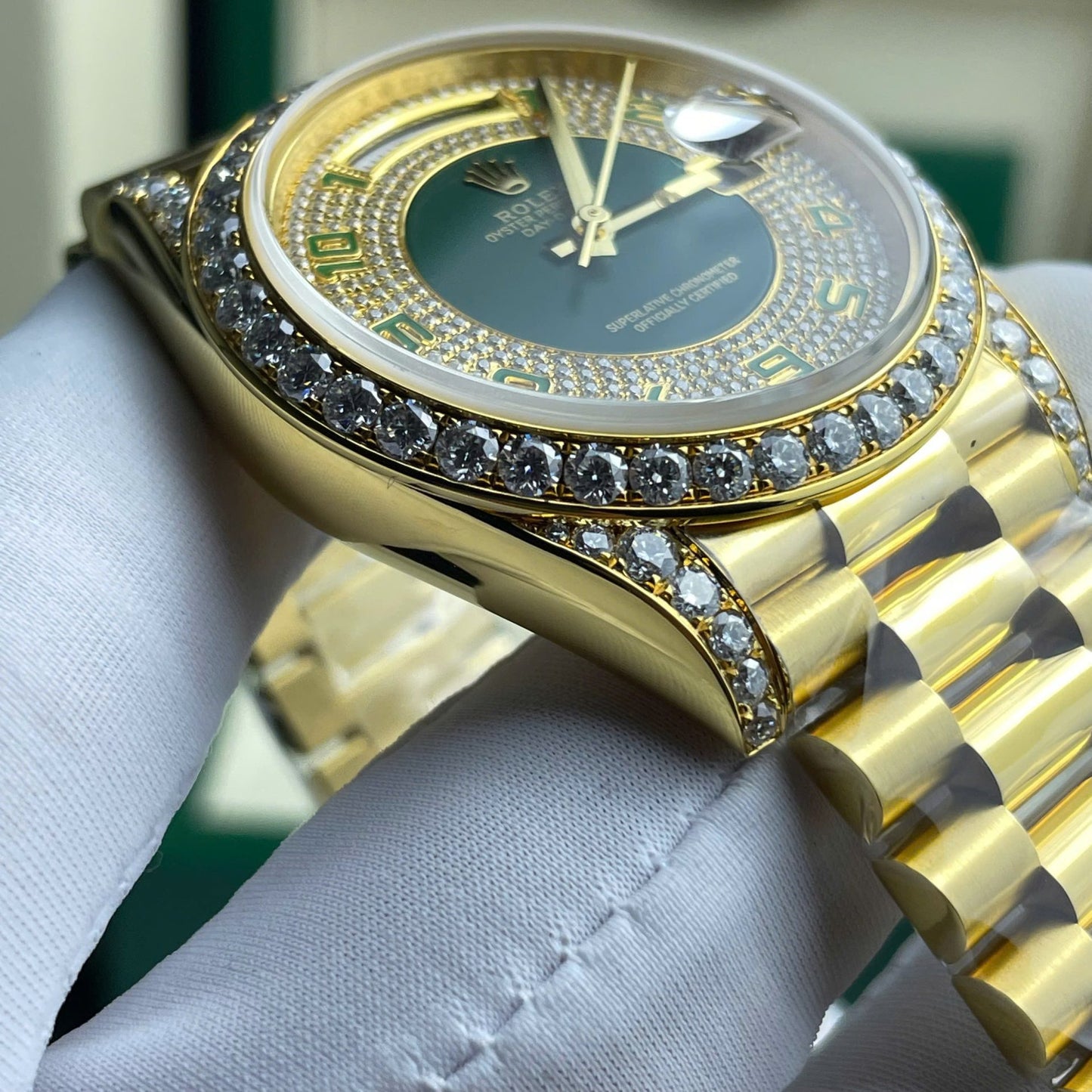 Rolex Day-Date Replica Watch Gold Wrapped + Moissanite Diamonds Weight 173 Gram 40mm