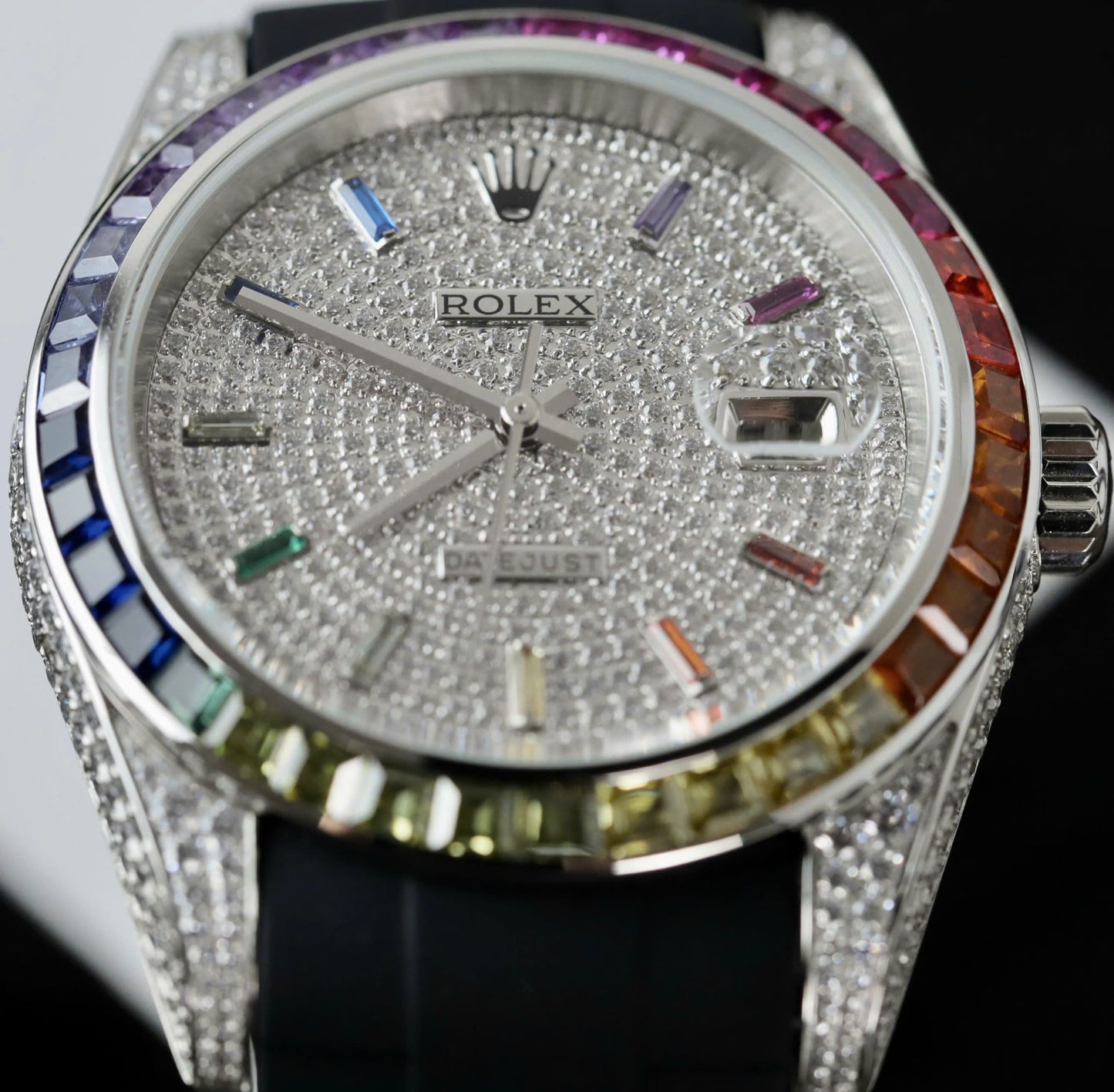 Rolex DateJust Rainbow Fake Watch Rubber Strap 41mm