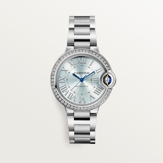 Ballon Bleu de Fake Cartier Watch Steel Diamond Bezel 33mm Blue Silver Dial W4BB0028(1:1 replica)