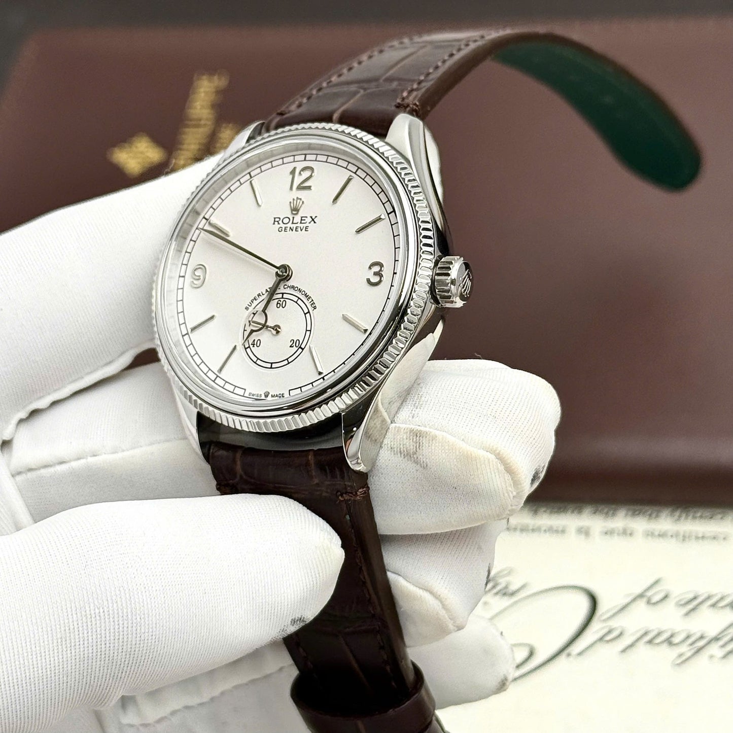 Rolex Perpetual 1908 Fake Watch White Dial Leather Strap 39mm