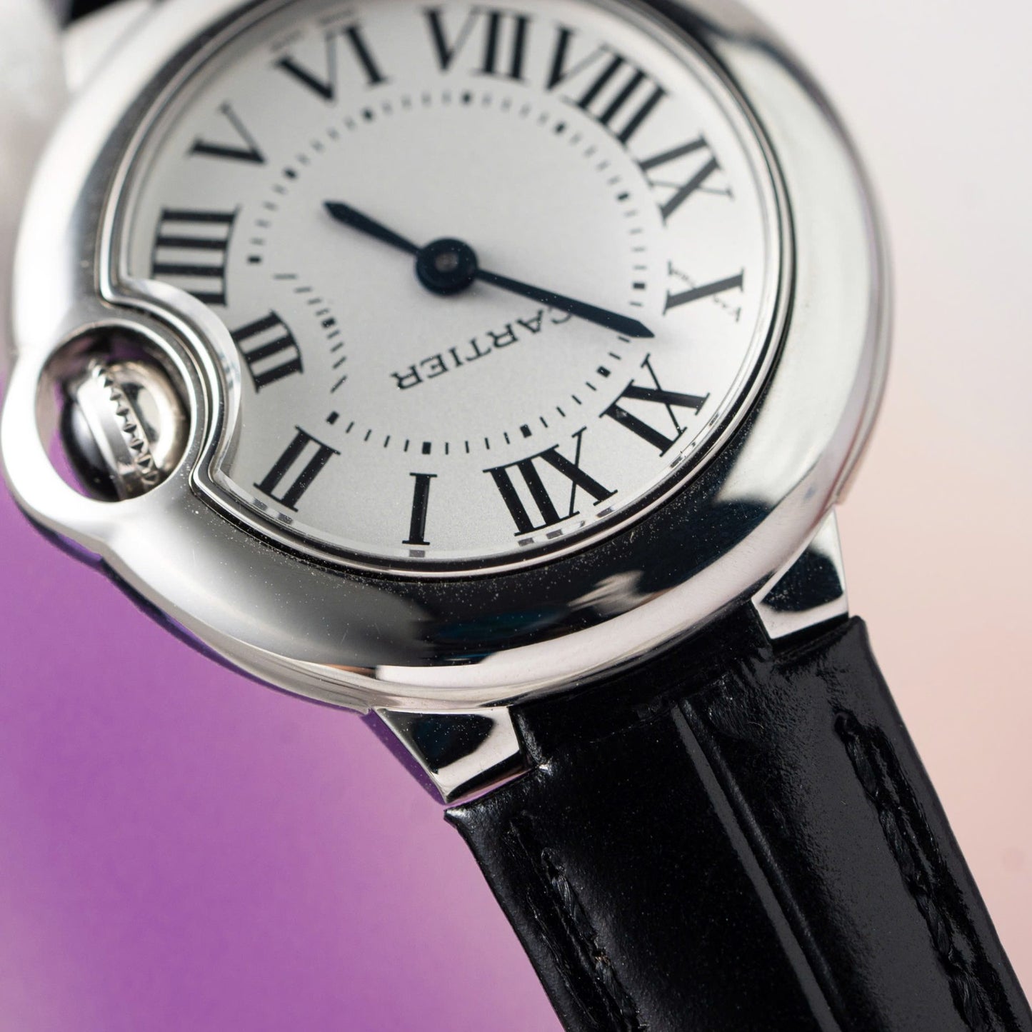 Cartier Ballon Bleu Women s Replica 11 Watch White Dial Black Leather Strap 28mm