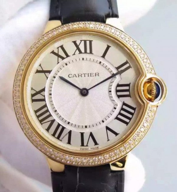 Replica Cartier Ballon Bleu 40mm YG Diamonds Bezel White Dial Leather Strap MIYOTA9015