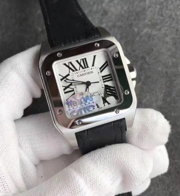 Replica Cartier Santos 100 33mm SS White Dial Black Leather Strap SEIKO NH05A