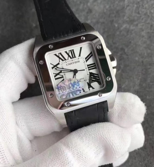 Replica Cartier Santos 100 33mm SS White Dial Black Leather Strap SEIKO NH05A