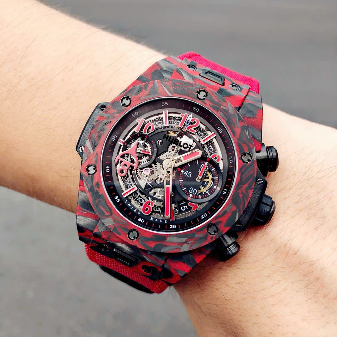 Hublot Big Bang Unico Red Carbon Replica Watches Best Quality Fabric Strap 45mm