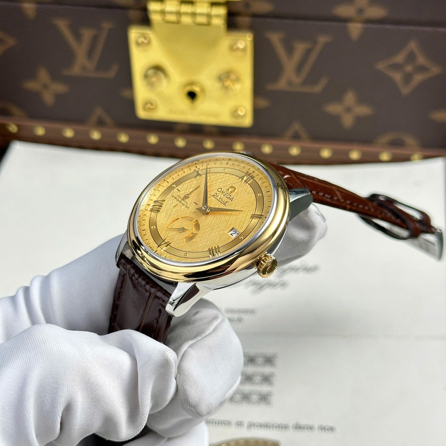 Omega De Ville Prestige Power Reserve Replica 11 Watch Yellow Dial Leather Strap 39.5mm