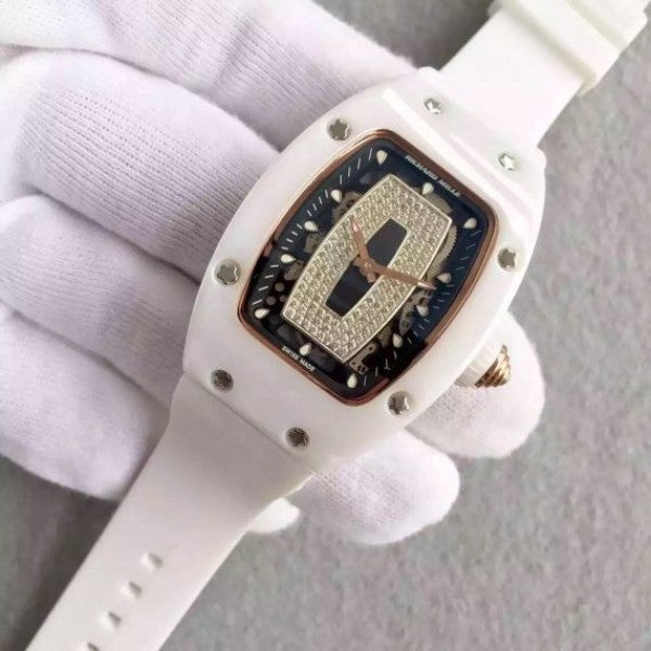 Replica Richard Mille RM007-01 Lady SS Diamonds Black Dial RG White Rubber Strap 6T51