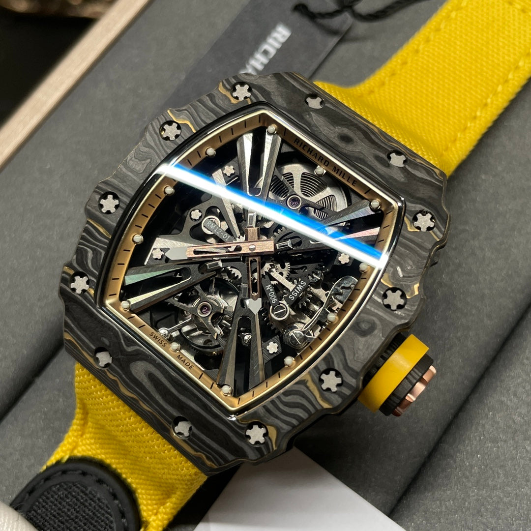 Swiss Replica Richard Mille RM 12-01 Tourbillon Watch ¨C Bold Yellow Fabric Strap, Carbon Fiber Barrel Case, Skeleton Dial