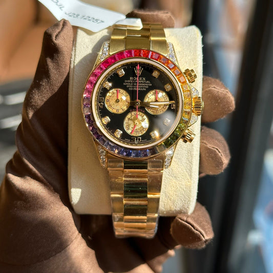 Rolex Replica Watch Daytona Rainbow Yellow Gold Wrapped Moissanite Diamonds TWF 40mm