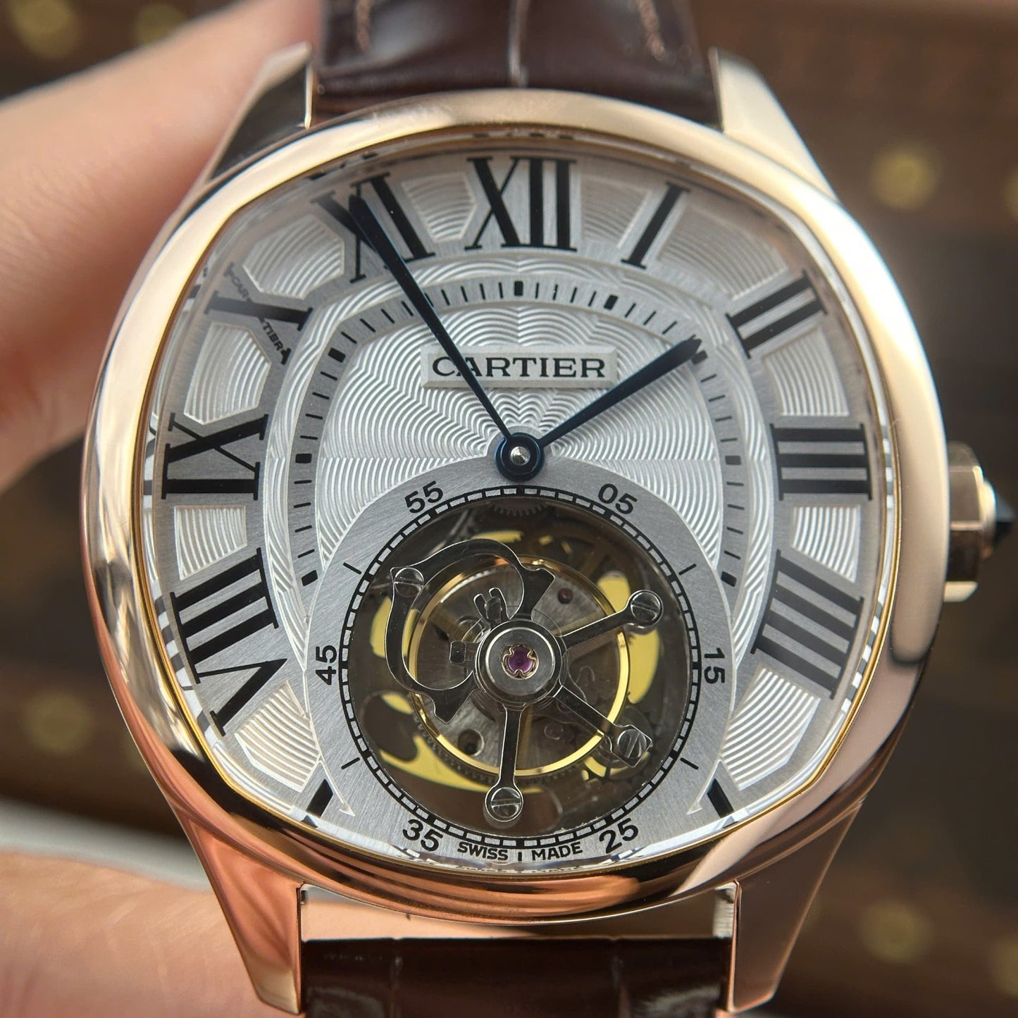 Cartier Drive Tourbillon Replica Watch Dial Guiloche Motif Leather Strap 41mm
