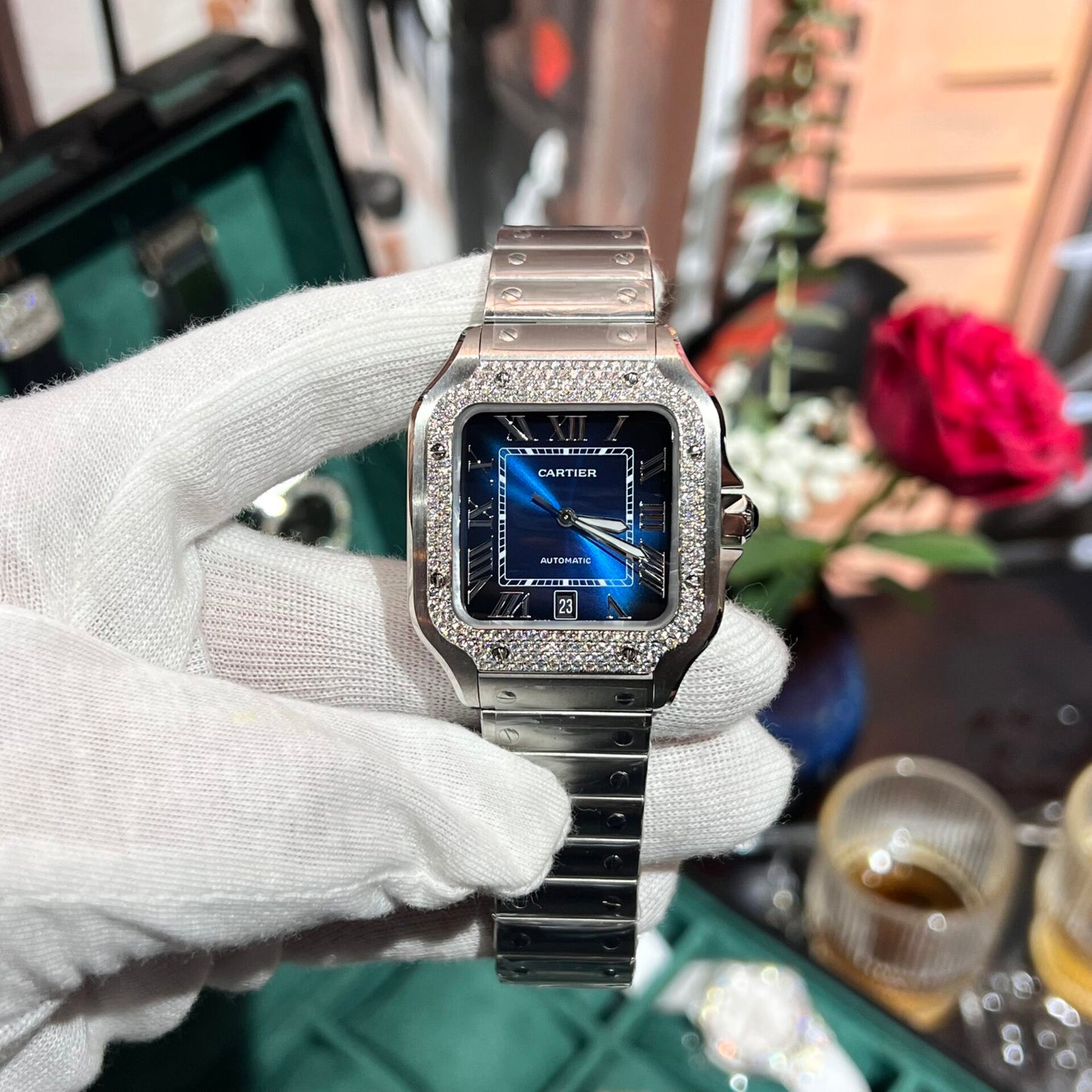 Cartier Replica Watch Santos Moissanite Diamond Bezel Blue Dial BV Factory 39.8mm