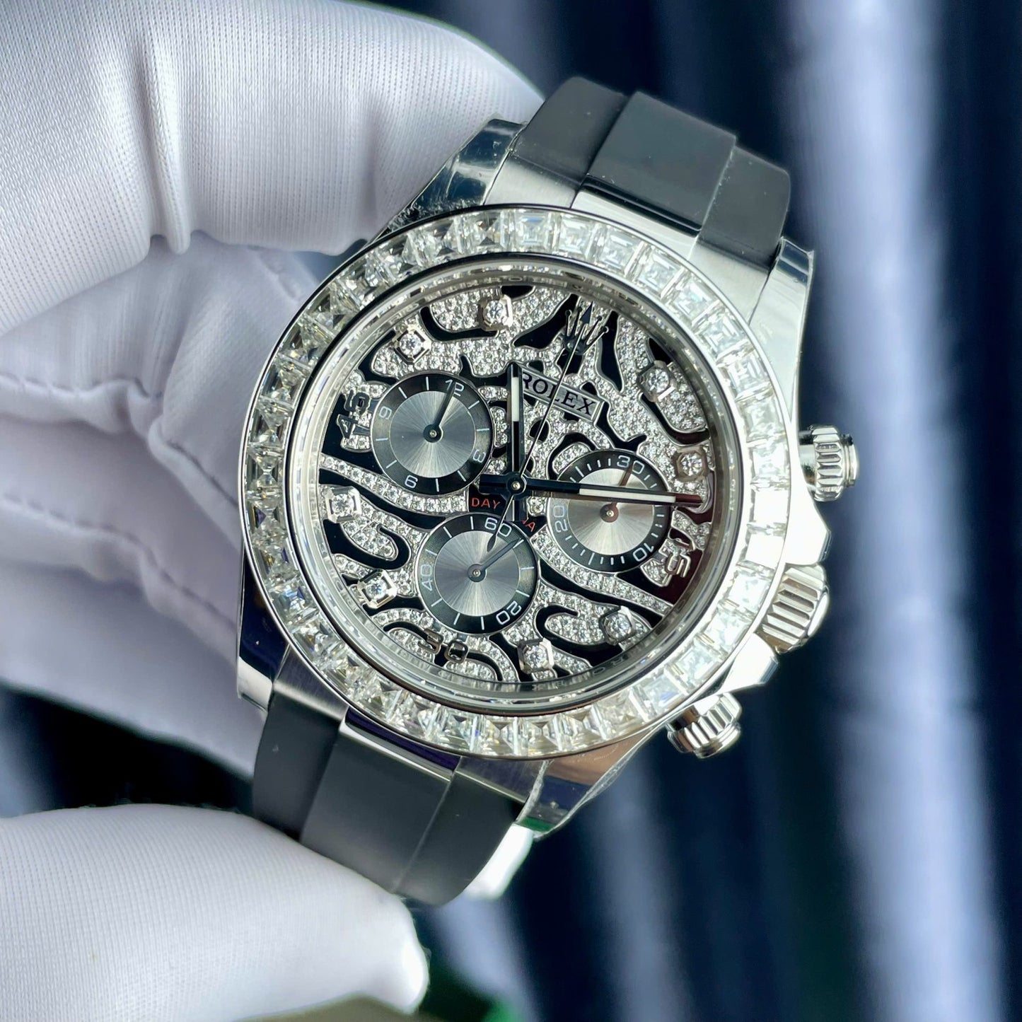 Rolex Cosmograph Daytona Eye Of The Tiger Replica Watch Custom Moissanite Baguette Diamonds 40mm