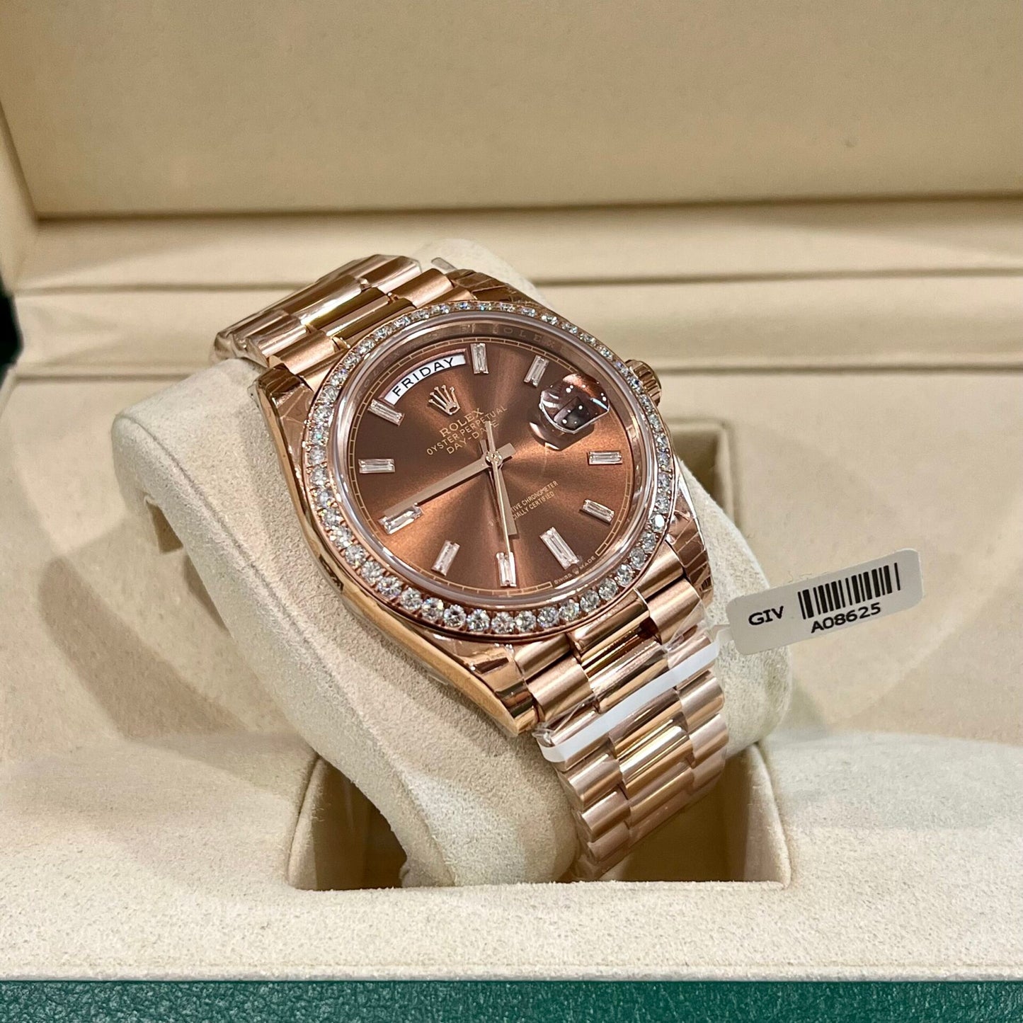 Rolex Fake Watch Day-Date Dial Chocolate Moissanite Diamonds Custom 40mm