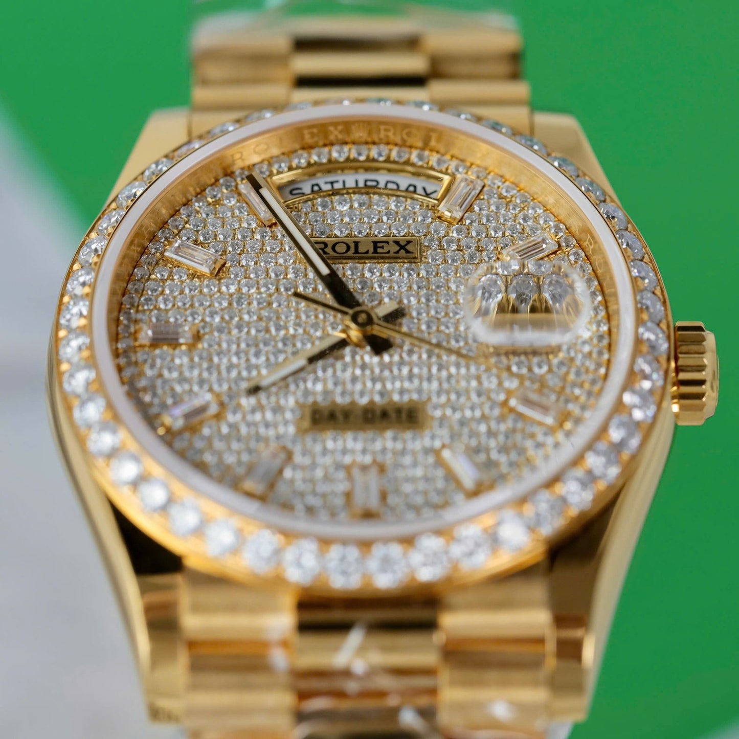 Rolex Day-Date 18K Gold Wrapped + Moissanite Diamonds Copies Watches GM Factory 36mm