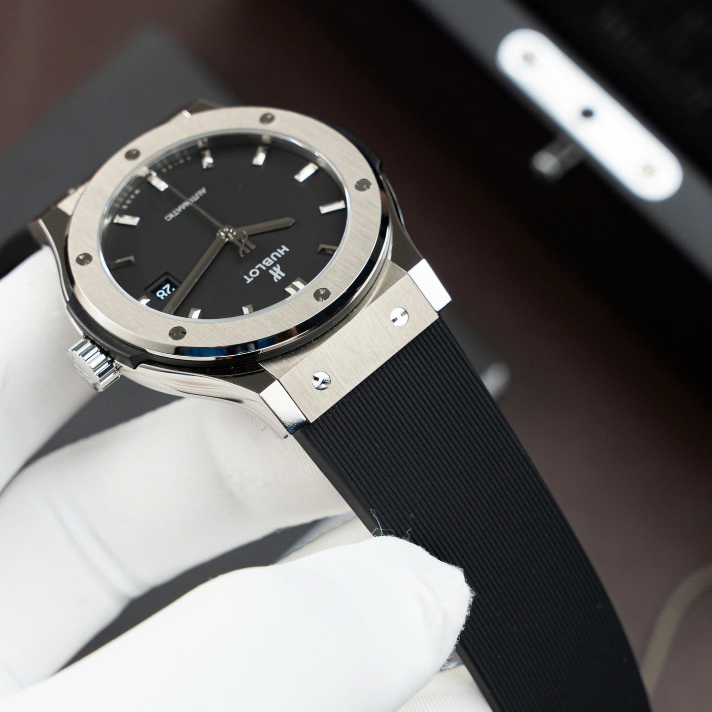 Hublot Classic Fusion Titanium Dial Black Replica Watch Movement SW300 Rubber Strap 42mm