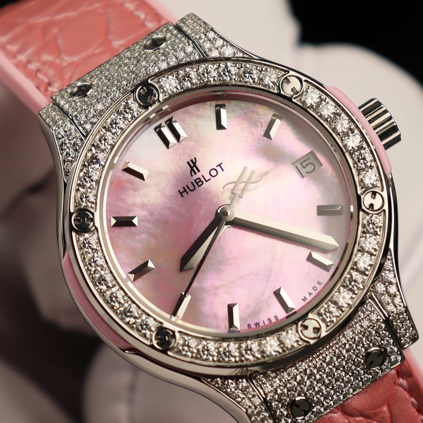 Hublot Classic Fusion Replica Watch Mother Of Pearl Dial + Moissanite Diamonds 33mm