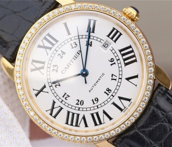 Replica Cartier Ronde De Cartier YG White Dial Diamonds Bezel Croco Strap A2892