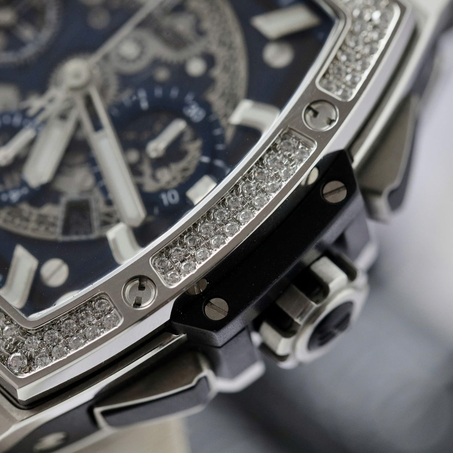 Hublot Spirit Of Big Bang Titanium Dial Blue Custom Moissanite Diamonds Hong Kong 42mm