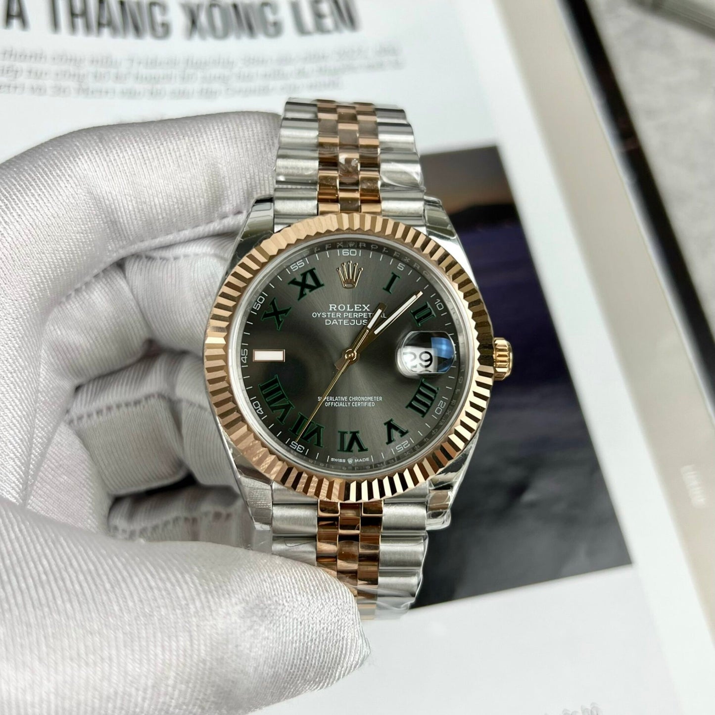 Rolex Replica Watch DateJust Wimbledon Dial Demi Strap Rose Gold Plated EW 41mm