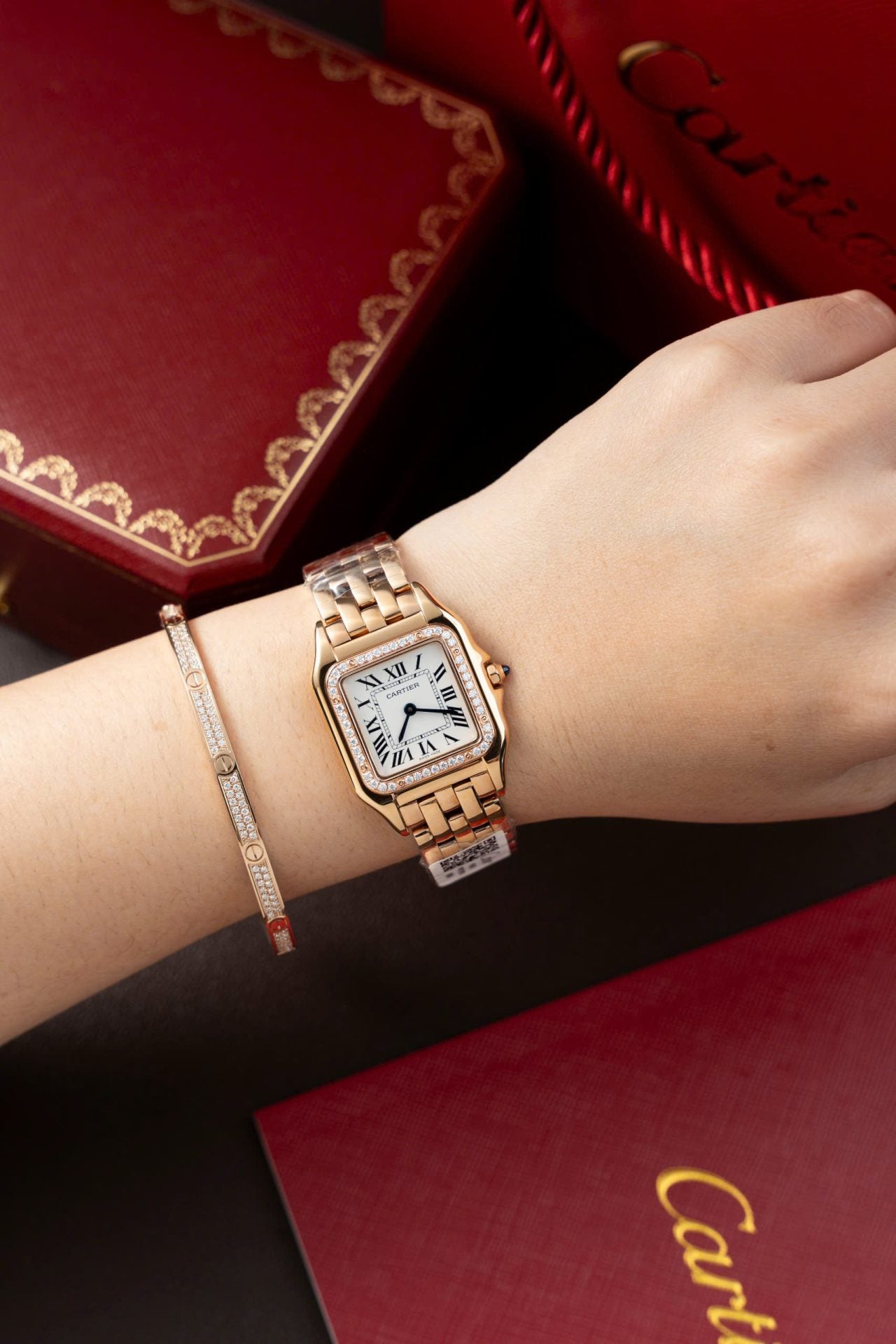Cartier Panthere WJPN0009 Rose Gold Replica Watches Bezel Diamonds Moissanite 27x37mm