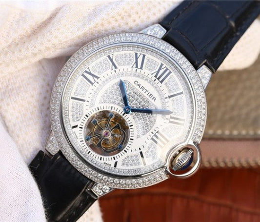 Replica Cartier Ballon Bleu de Cartier Tourbillon SS Full paved Diamonds Leather Strap