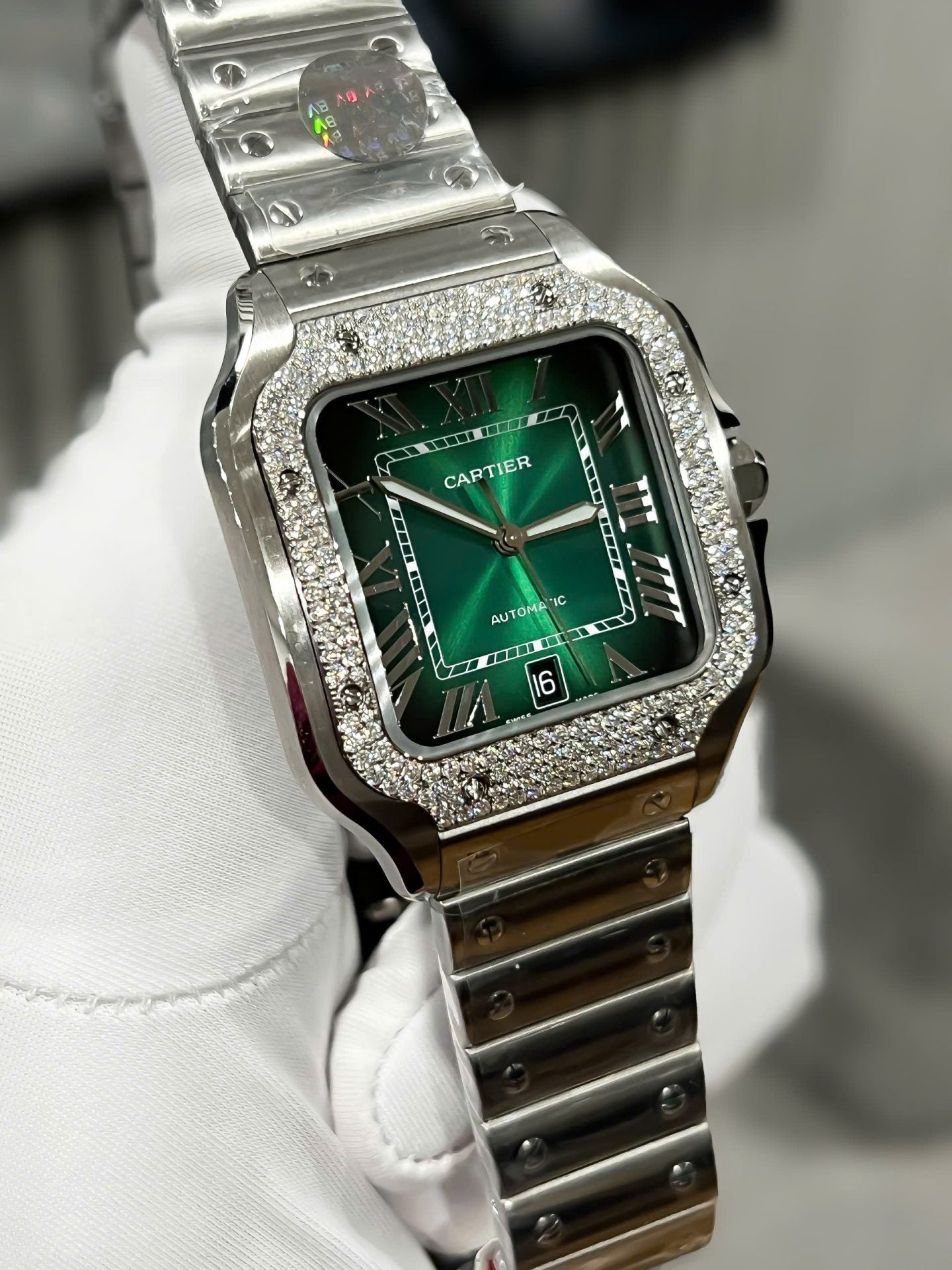 Cartier Santos Replica Watch Custom Moissanite Diamonds Dial Green BV Factory 39.8mm