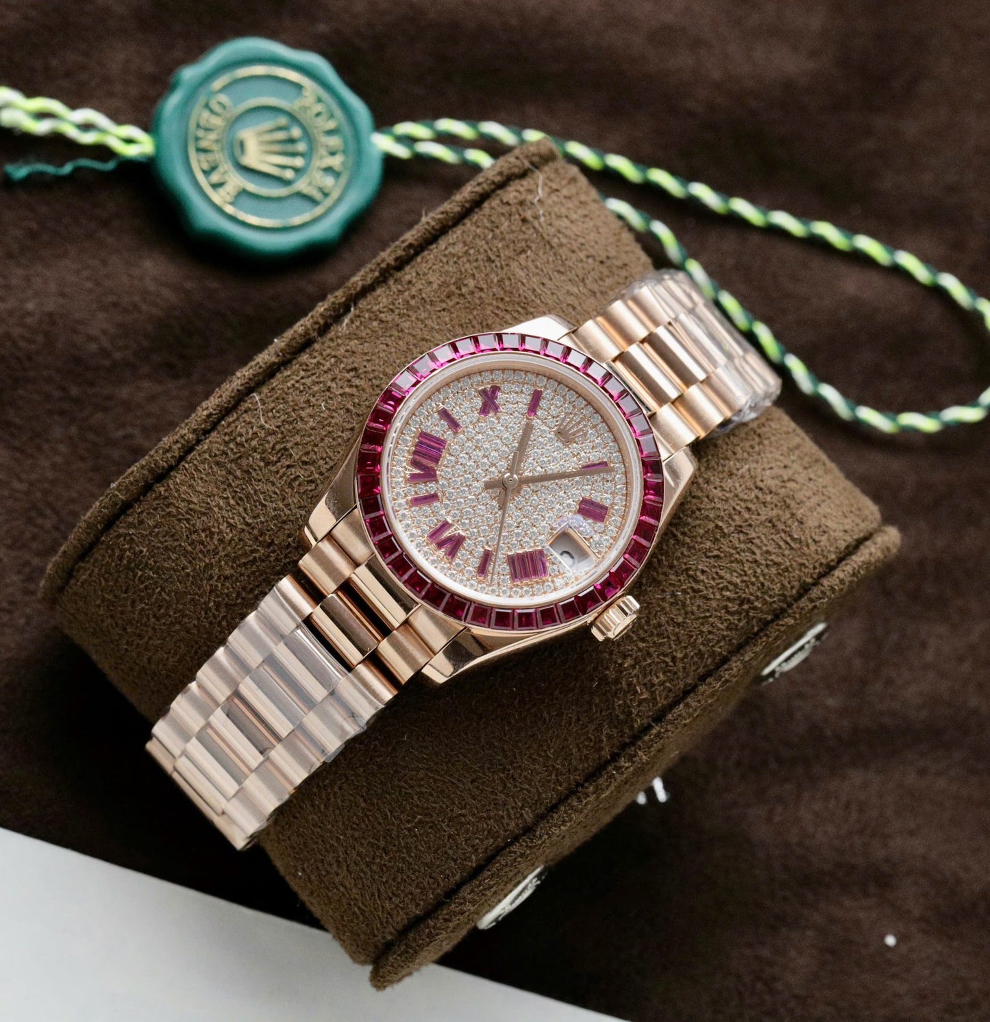 Rolex DateJust Women Custom Gold Wrapped + Ruby Baguette + Diamonds Moissanite 31mm