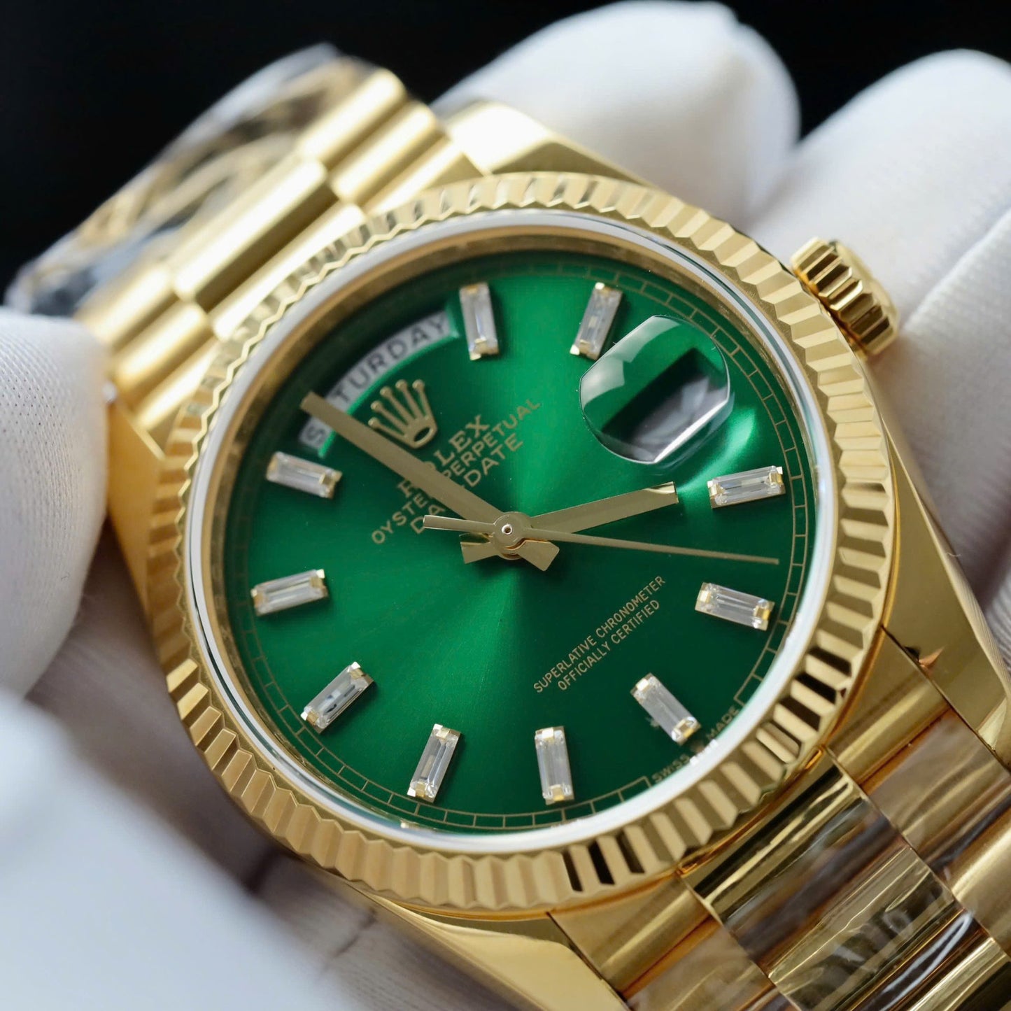 Rolex Day-Date Dial Green Copies Watch Weight 160gram Custom Gold Wrapped 36mm