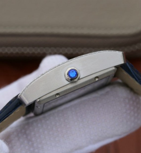 Replica Cartier Tank MC SS Blue Textured Dial Diamonds Bezel Leather Strap