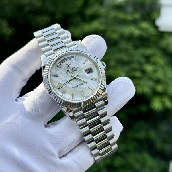 Rolex Day-Date Replica Watch Custom Mother Of Pearl   Moissanite Diamonds Baguetee 40mm