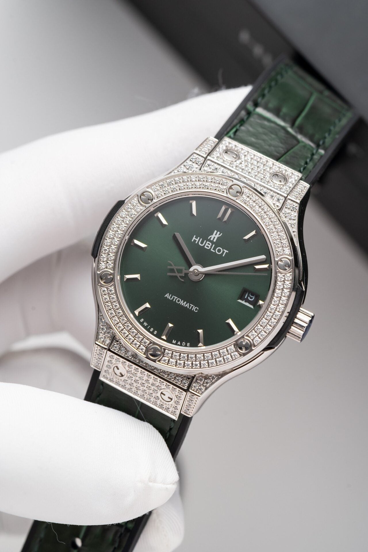 Hublot Classic Fusion Titanium Green Full Diamond Replica Watch 38mm