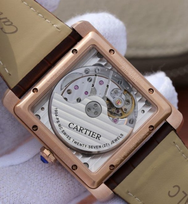 Replica Cartier Tank MC RG White Textured Dial Diamonds Bezel Leather Strap