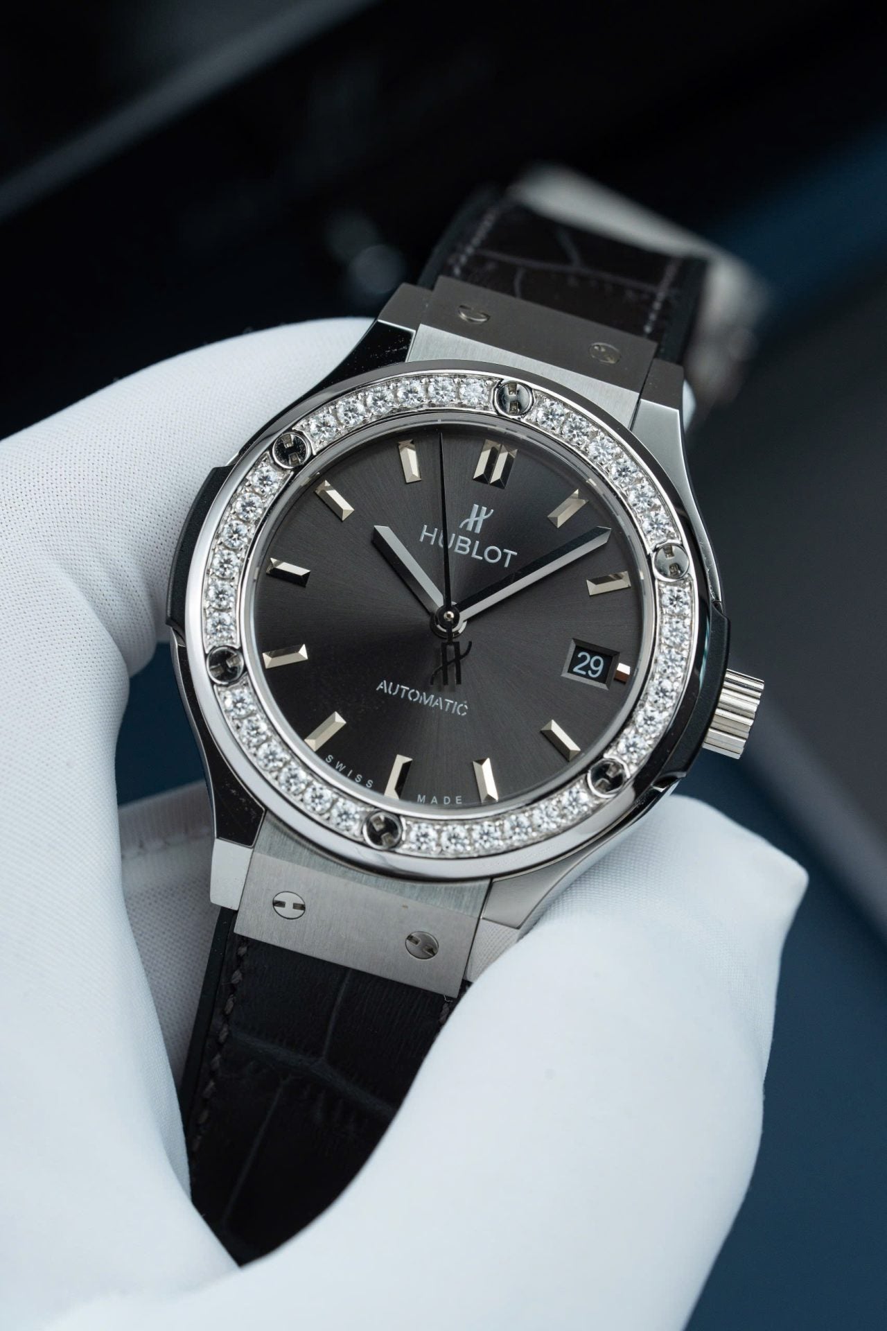Hublot Classic Fusion Dial Gray Replica Watch Bezel Diamonds Moissanite 38mm