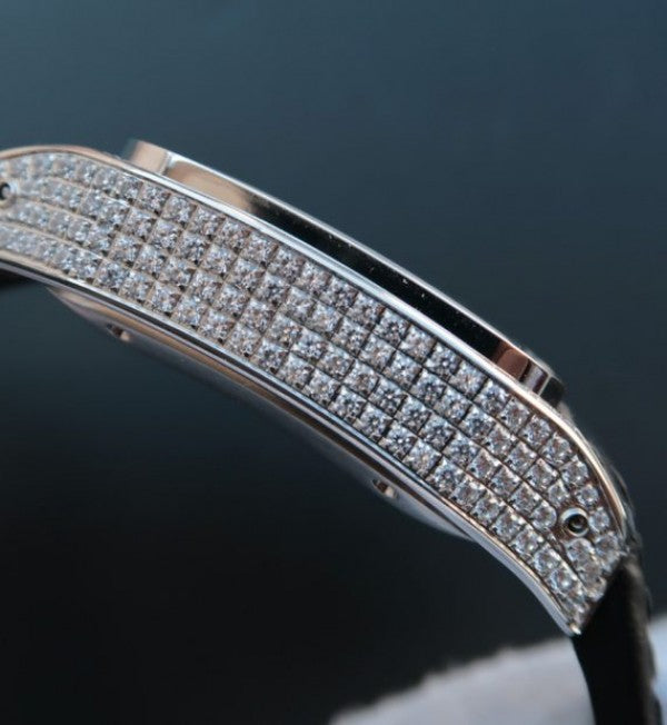 Replica Cartier V6 Santos 100 41mm White Dial Diamond Bezel Black Leather Strap A2824