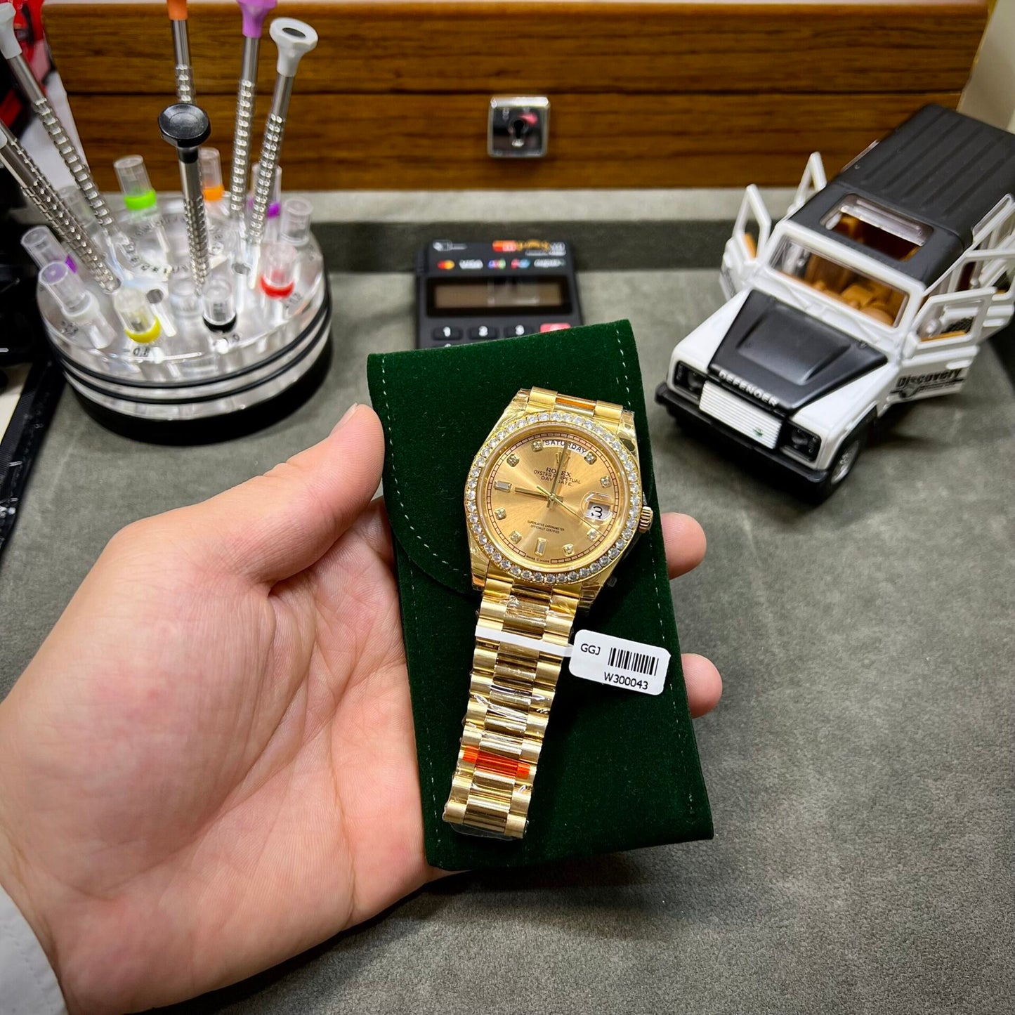 Rolex Fake Watch Day-Date Yellow Dial Custom Moissanite Diamonds 40mm