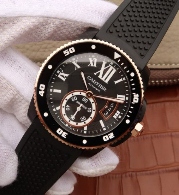 Replica Cartier JJF Calibre De Cartier Diver DLC Black Dial RG Bezel Black Rubber Strap A23J