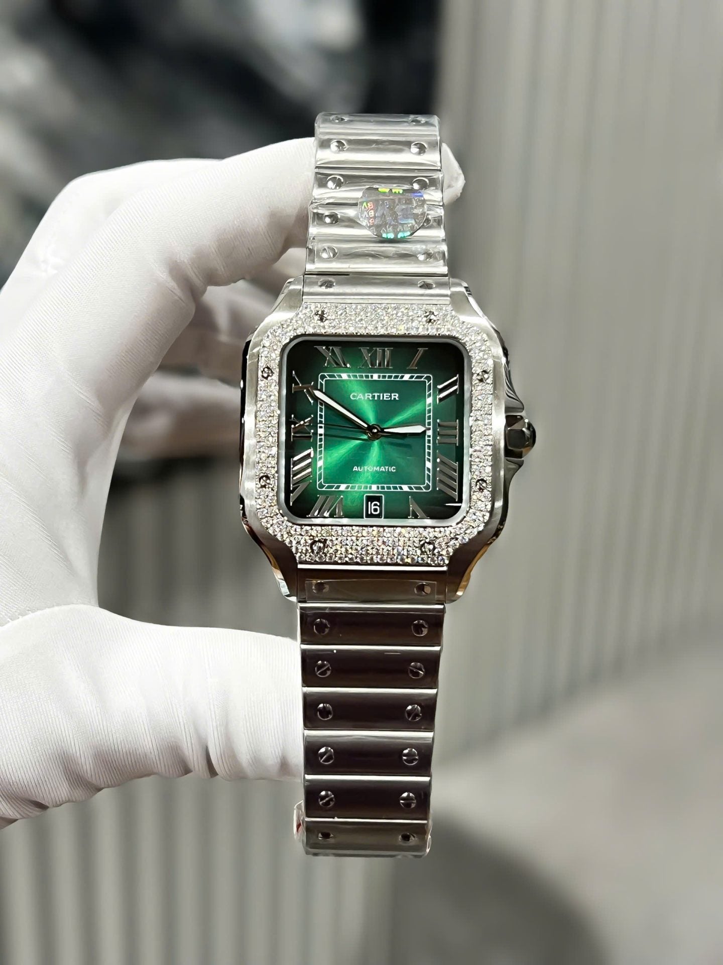 Cartier Santos Replica Watch Custom Moissanite Diamonds Dial Green BV Factory 39.8mm
