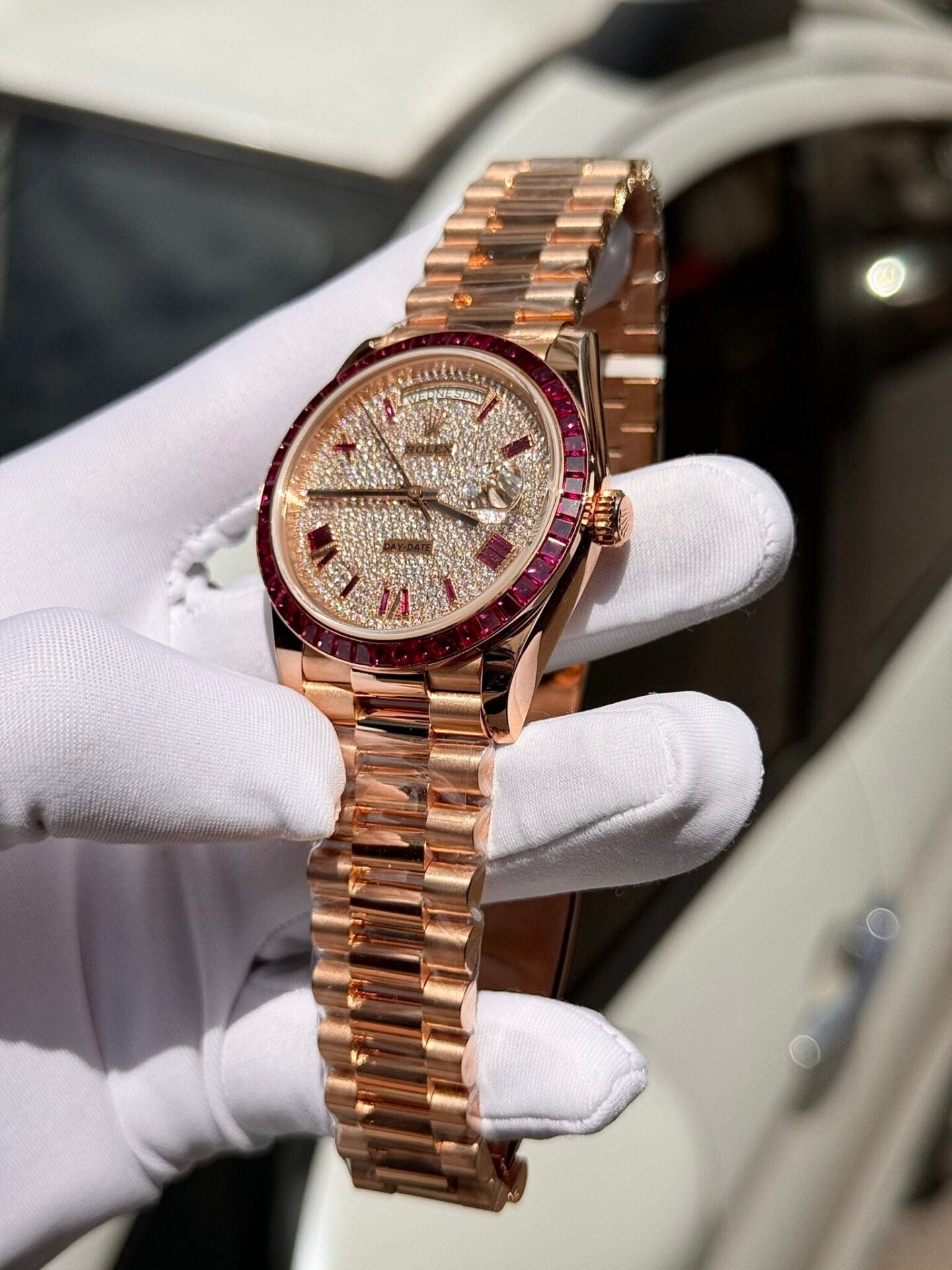 Rolex Best Replica Watch Day-Date Custom Ruby Red   Baguette Moissanite Diamonds GM Factory 40mm
